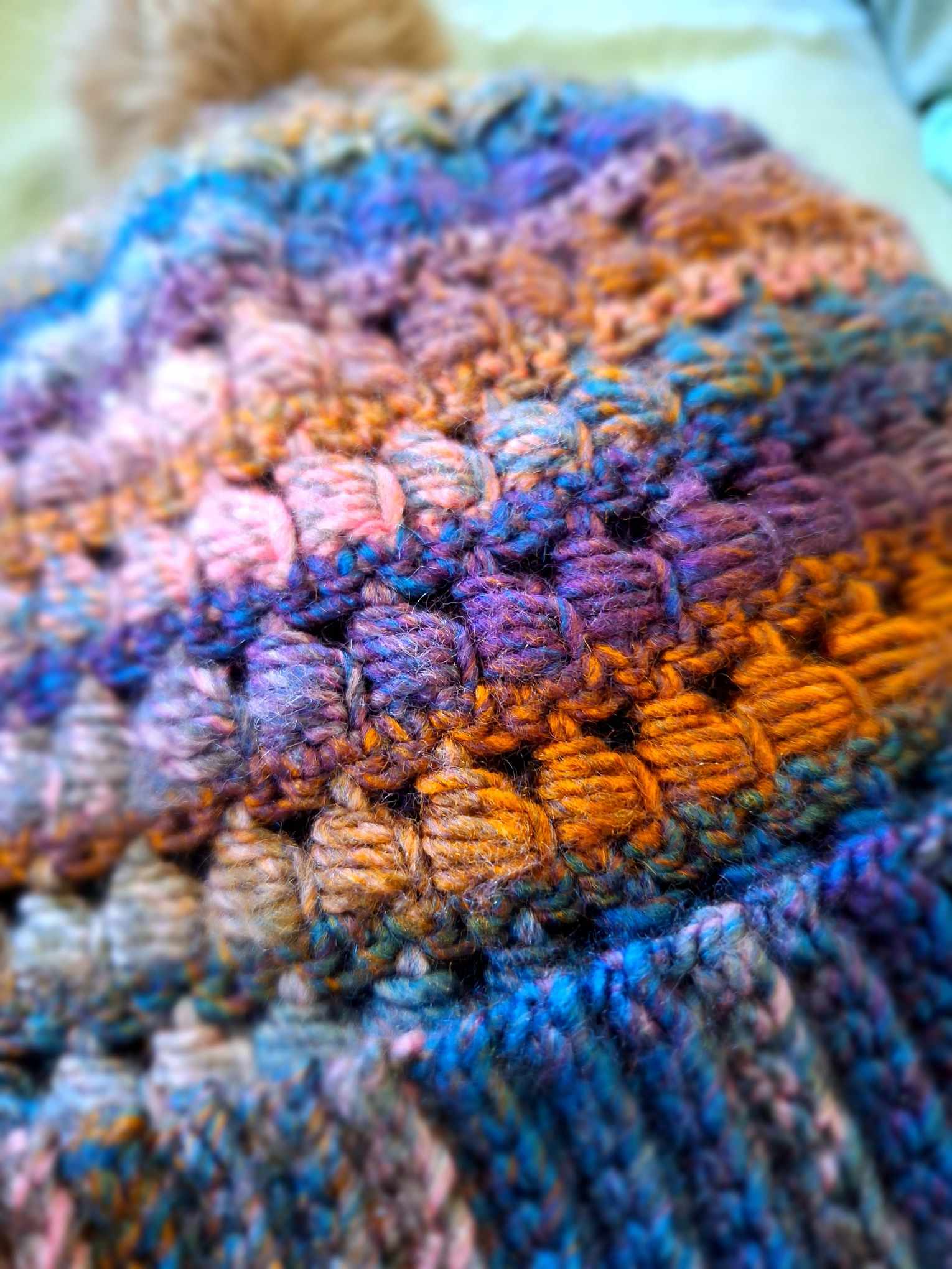 close up of beads me crochet beanie